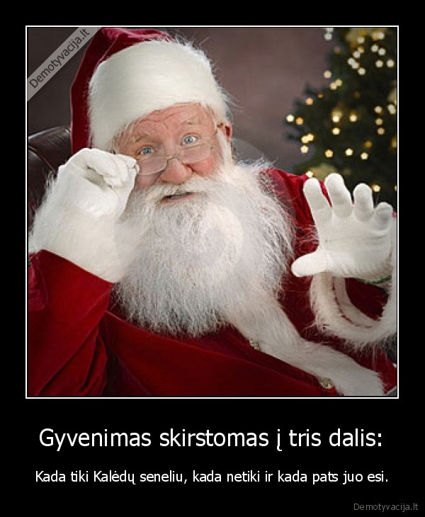  Gyvenimas skirstomas į tris dalis:  - Kada tiki Kalėdų seneliu, kada netiki ir kada pats juo esi.. 