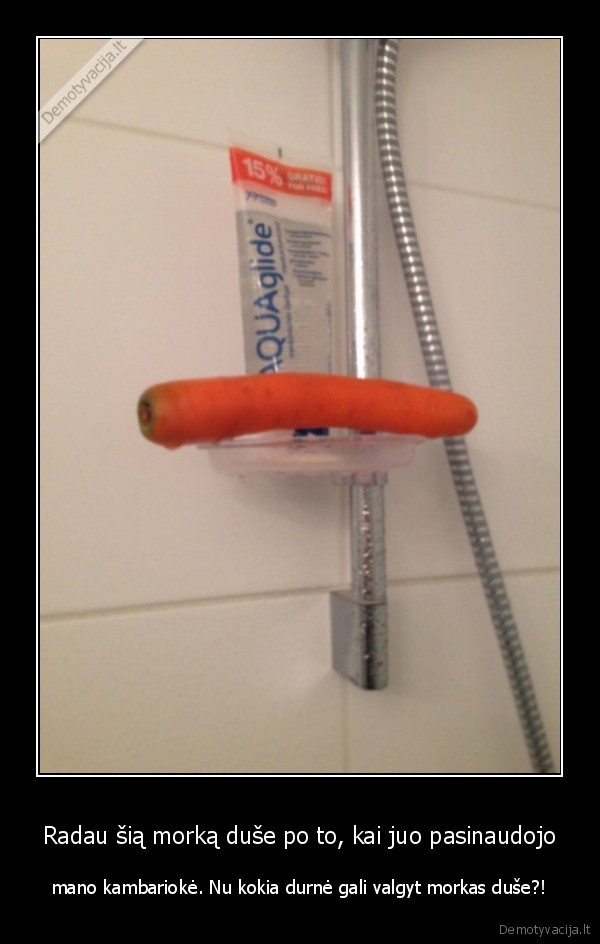 Radau šią morką duše po to, kai juo pasinaudojo - mano kambariokė. Nu kokia durnė gali valgyt morkas duše?!. 