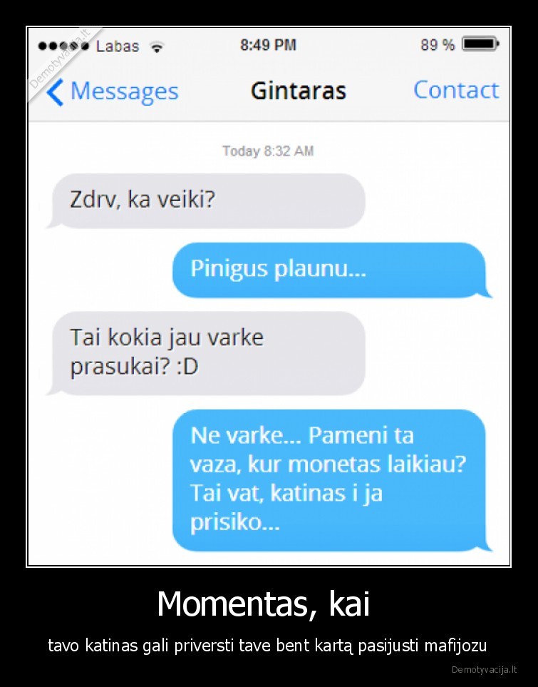 Momentas, kai  - tavo katinas gali priversti tave bent kartą pasijusti mafijozu. 