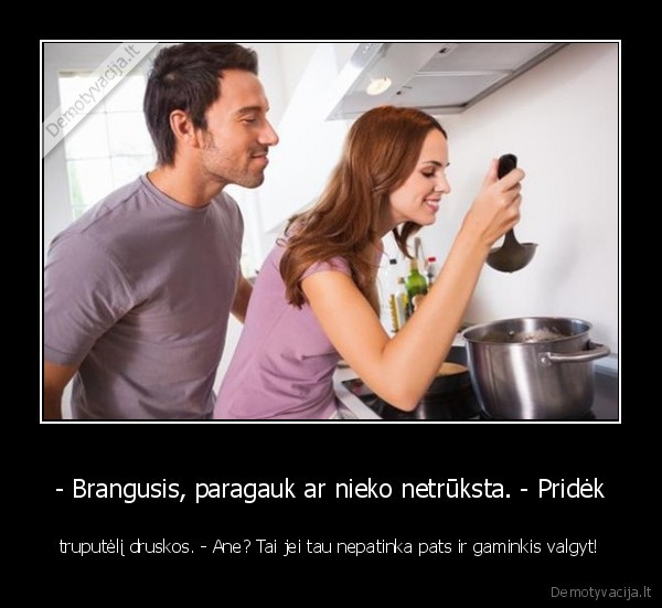 - Brangusis, paragauk ar nieko netrūksta. - Pridėk - truputėlį druskos. - Ane? Tai jei tau nepatinka pats ir gaminkis valgyt!. 