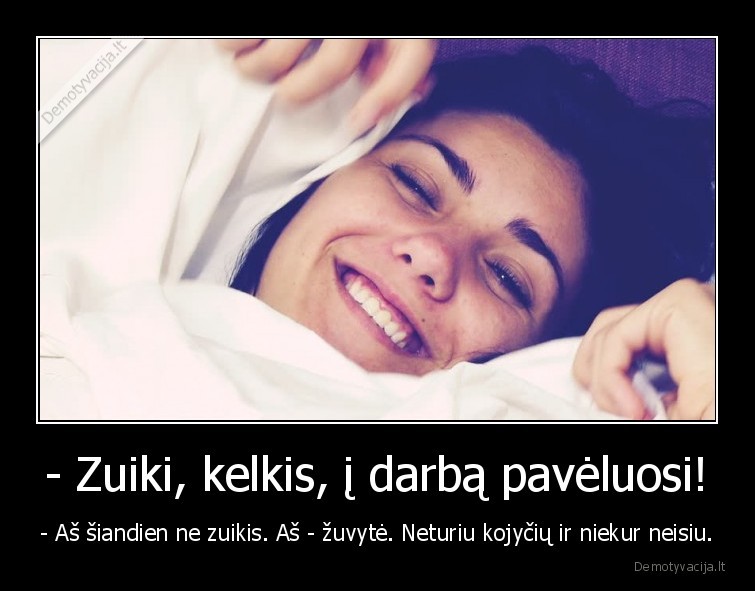 - Zuiki, kelkis, į darbą pavėluosi! - - Aš šiandien ne zuikis. Aš - žuvytė. Neturiu kojyčių ir niekur neisiu.. 