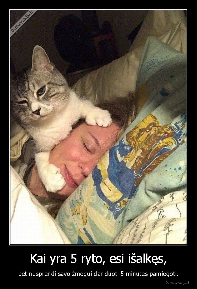 Kai yra 5 ryto, esi išalkęs, - bet nusprendi savo žmogui dar duoti 5 minutes pamiegoti.. 